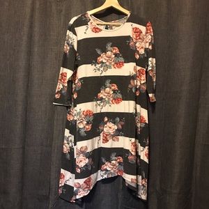 White and Grey Stripe Floral Boutique Dress - XL